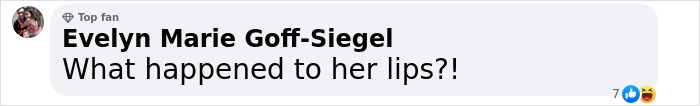 Facebook comment by Evelyn Marie Goff-Siegel questioning appearance, mentioning lips in reaction to Jessica Simpson live TV performance. Facebook comment by Evelyn Marie Goff-Siegel questioning appearance, mentioning lips in reaction to Jessica Simpson live TV performance.