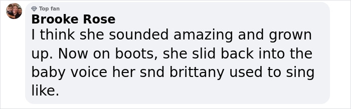 Comment from Brooke Rose praising Jessica Simpson’s live TV performance after 15 years, noting vocal changes and style. Comment from Brooke Rose praising Jessica Simpson’s live TV performance after 15 years, noting vocal changes and style.