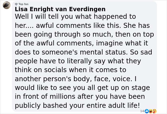Commenter Lisa Enright van Everdingen responding to negative reactions after Jessica Simpson's first live TV performance in 15 years. Commenter Lisa Enright van Everdingen responding to negative reactions after Jessica Simpson's first live TV performance in 15 years.