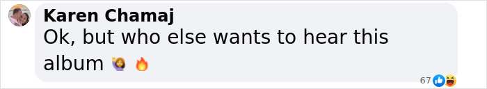 Screenshot of a Facebook comment by Karen Chamaj asking who else wants to hear the album amid Blake Lively and Taylor Swift feud. Screenshot of a Facebook comment by Karen Chamaj asking who else wants to hear the album amid Blake Lively and Taylor Swift feud.