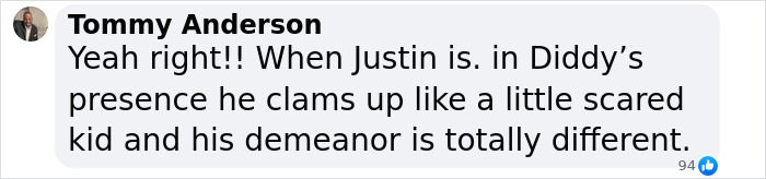 Comment by Tommy Anderson expressing skepticism about Justin Bieber’s behavior in Diddy’s presence during trial discussions. Comment by Tommy Anderson expressing skepticism about Justin Bieber’s behavior in Diddy’s presence during trial discussions.