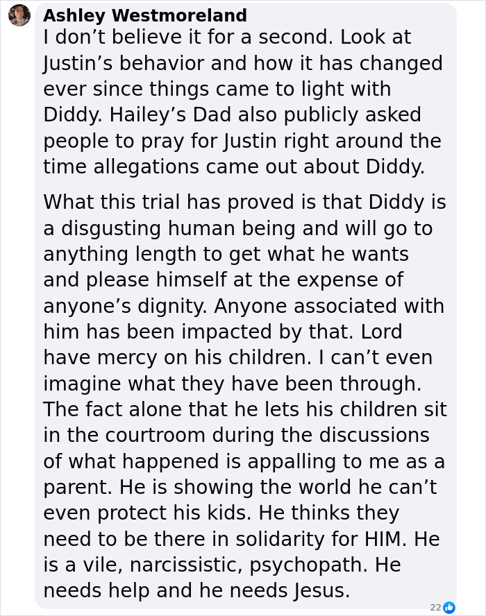 Alt text: Facebook comment discussing Justin Bieber’s changed behavior amid rumors and trial involving Diddy as day 5 proceeds Alt text: Facebook comment discussing Justin Bieber’s changed behavior amid rumors and trial involving Diddy as day 5 proceeds
