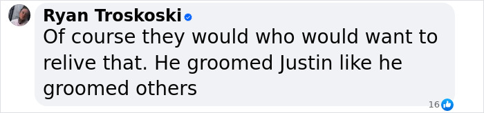 Comment from Ryan Troskoski discussing grooming allegations involving Justin Bieber amid Diddy trial. Comment from Ryan Troskoski discussing grooming allegations involving Justin Bieber amid Diddy trial.