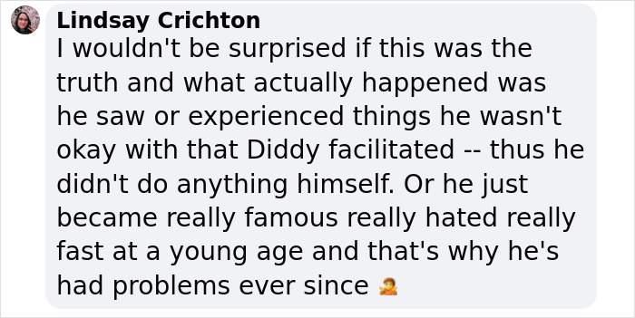 Comment by Lindsay Crichton discussing Justin Bieber's experience and rumors involving Diddy during ongoing trial. Comment by Lindsay Crichton discussing Justin Bieber's experience and rumors involving Diddy during ongoing trial.
