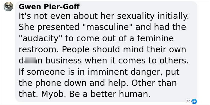 Comment by Gwen Pier-Goff discussing the incident involving a lesbian beaten unconscious at McDonald's bathroom. Comment by Gwen Pier-Goff discussing the incident involving a lesbian beaten unconscious at McDonald's bathroom.
