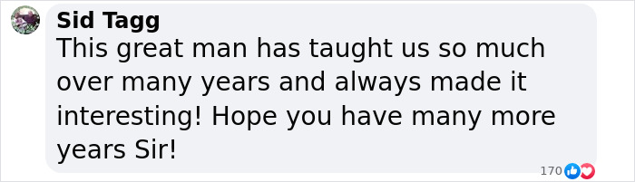 Comment praising David Attenborough for his teachings over the years and wishing him many more years to come. Comment praising David Attenborough for his teachings over the years and wishing him many more years to come.