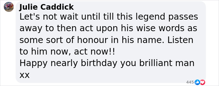 Comment from Julie Caddick urging action on David Attenborough's urgent warning as he nears the end of his life. Comment from Julie Caddick urging action on David Attenborough's urgent warning as he nears the end of his life.