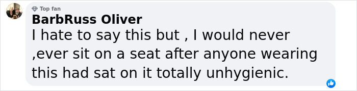 Commenter BarbRuss Oliver expressing disgust about sitting on a seat after someone revealing backside at Cannes event, citing hygiene concerns. Commenter BarbRuss Oliver expressing disgust about sitting on a seat after someone revealing backside at Cannes event, citing hygiene concerns.