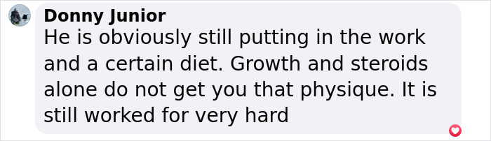 Comment by Donny Junior discussing the effort, diet, and steroids related to achieving a specific physique after exposure of Liver King. Comment by Donny Junior discussing the effort, diet, and steroids related to achieving a specific physique after exposure of Liver King.