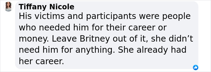 Screenshot of a social media comment mentioning Britney Spears and a wild party with Diddy during a trial discussion. Screenshot of a social media comment mentioning Britney Spears and a wild party with Diddy during a trial discussion.