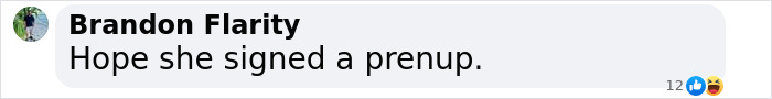 Comment on social media post by Brandon Flarity joking about prenup related to Justin Bieber and Hailey’s relationship. Comment on social media post by Brandon Flarity joking about prenup related to Justin Bieber and Hailey’s relationship.