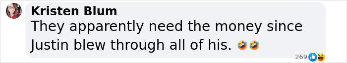 Screenshot of a Facebook comment humorously mentioning Justin and money in relation to a recent post. Screenshot of a Facebook comment humorously mentioning Justin and money in relation to a recent post.