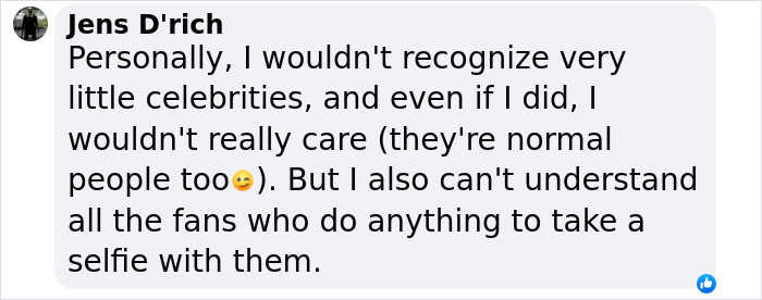 Comment discussing fans and celebrities, mentioning vlogger recording video beside A-list star unknowingly. Comment discussing fans and celebrities, mentioning vlogger recording video beside A-list star unknowingly.