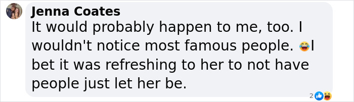Comment from Jenna Coates discussing how she wouldn't notice famous people and the experience of a vlogger sitting next to an A-list star. Comment from Jenna Coates discussing how she wouldn't notice famous people and the experience of a vlogger sitting next to an A-list star.