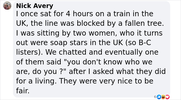 Comment text about sitting next to soap stars, illustrating vlogger records video without realizing A-list star presence. Comment text about sitting next to soap stars, illustrating vlogger records video without realizing A-list star presence.