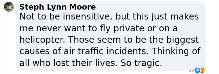 Comment expressing fear of flying private or helicopter due to air traffic incidents after famous drummer's San Diego plane crash. Comment expressing fear of flying private or helicopter due to air traffic incidents after famous drummer's San Diego plane crash.