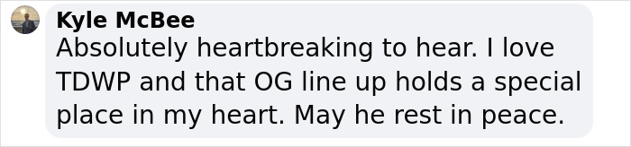 Comment by Kyle McBee expressing heartbreak over famous drummer's passing in a San Diego plane crash. Comment by Kyle McBee expressing heartbreak over famous drummer's passing in a San Diego plane crash.