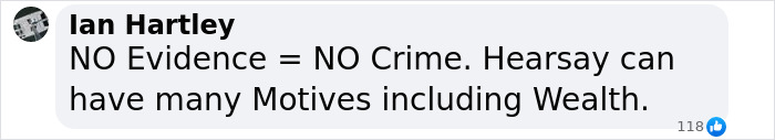 Facebook comment by Ian Hartley stating no evidence equals no crime, related to motives including wealth, about domestic violence debate. Facebook comment by Ian Hartley stating no evidence equals no crime, related to motives including wealth, about domestic violence debate.