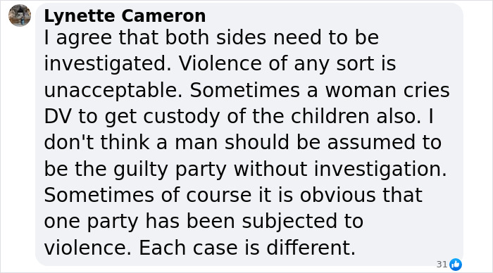 Facebook comment by Lynette Cameron discussing views on domestic violence and custody in response to professor's claim on gender equality in DV. Facebook comment by Lynette Cameron discussing views on domestic violence and custody in response to professor's claim on gender equality in DV.