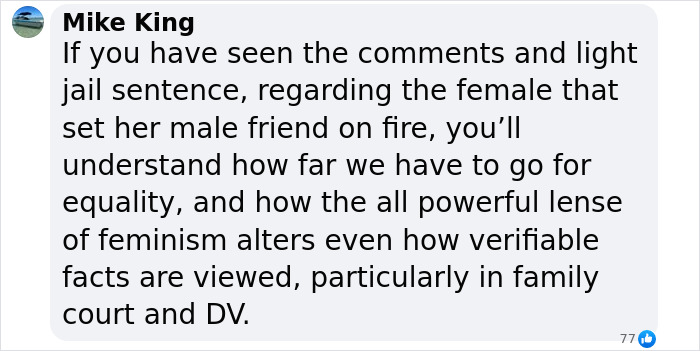 Comment on social media discussing domestic violence and equality related to women committing domestic violence as much as men. Comment on social media discussing domestic violence and equality related to women committing domestic violence as much as men.