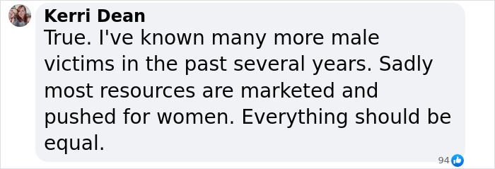 Comment from Kerri Dean discussing equal recognition of male and female domestic violence victims in an online debate. Comment from Kerri Dean discussing equal recognition of male and female domestic violence victims in an online debate.