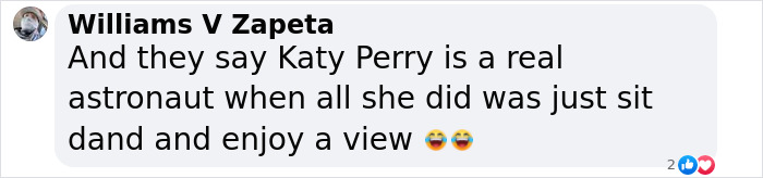 Comment from Williams V Zapeta joking about Katy Perry as an astronaut, highlighting struggles faced after spending time in space.