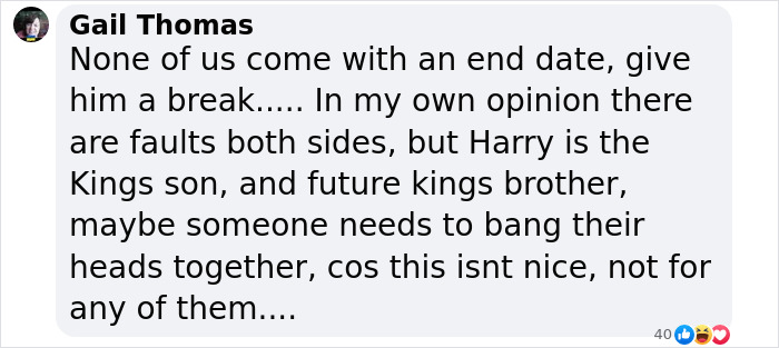 Screenshot of Facebook comment discussing Prince Harry, King Charles, and family tensions related to Diana.