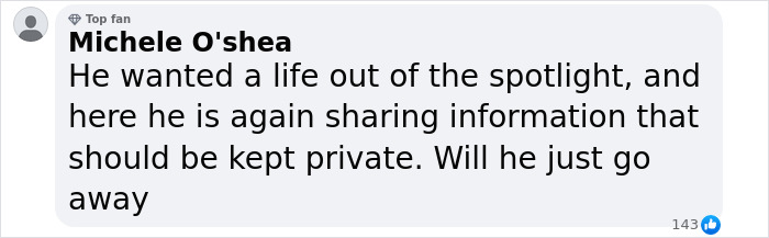 Social media comment expressing frustration over Prince Harry sharing private information about King Charles and Diana.