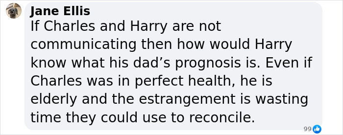 Comment on Facebook post discussing Prince Harry and King Charles’ lack of communication and estrangement.