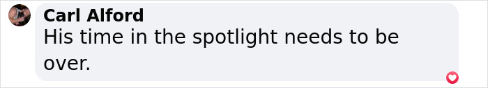 Comment by Carl Alford stating his time in the spotlight needs to be over, related to Hulk Hogan’s troubling new look at 71. Comment by Carl Alford stating his time in the spotlight needs to be over, related to Hulk Hogan’s troubling new look at 71.