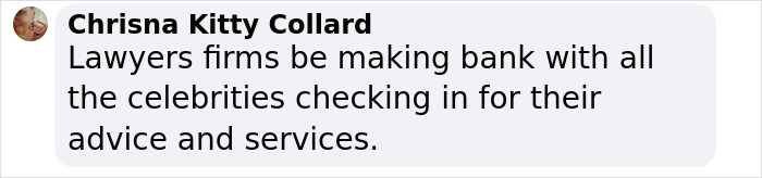 Comment from Chrisna Kitty Collard discussing lawyers profiting from celebrity clients amid Lock Them All Up trial. Comment from Chrisna Kitty Collard discussing lawyers profiting from celebrity clients amid Lock Them All Up trial.