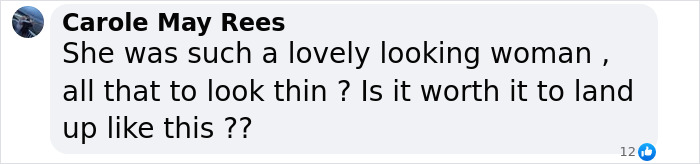 Comment by Carole May Rees questioning Sharon Osbourne's thin appearance and mentioning concerns about weight. Comment by Carole May Rees questioning Sharon Osbourne's thin appearance and mentioning concerns about weight.