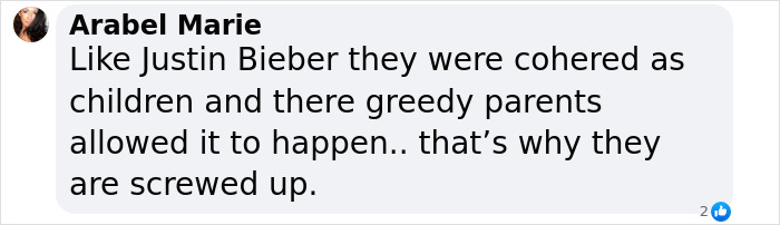 Comment by Arabel Marie discussing celebrities like Justin Bieber and their troubled upbringing compared to Britney Spears’ wild party with Diddy. Comment by Arabel Marie discussing celebrities like Justin Bieber and their troubled upbringing compared to Britney Spears’ wild party with Diddy.
