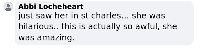User comment praising a woman’s humor in St Charles before tragic news of Jill Sobule’s body found after mysterious house fire. User comment praising a woman’s humor in St Charles before tragic news of Jill Sobule’s body found after mysterious house fire.