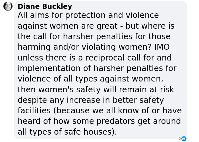 Comment by Diane Buckley discussing harsher penalties and protection against misogyny and gender-based violence toward women. Comment by Diane Buckley discussing harsher penalties and protection against misogyny and gender-based violence toward women.
