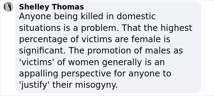 Facebook comment by Shelley Thomas addressing misogyny and gender-based violence in domestic situations. Facebook comment by Shelley Thomas addressing misogyny and gender-based violence in domestic situations.