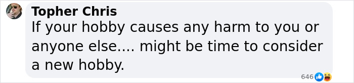 Comment by Topher Chris advising reconsidering hobbies if they cause harm, related to bleeding hospital update discussion. Comment by Topher Chris advising reconsidering hobbies if they cause harm, related to bleeding hospital update discussion.