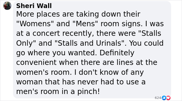 Comment about female athlete forced out of women's restroom after being mistaken for a man by female attendant, discussing restroom signage changes. Comment about female athlete forced out of women's restroom after being mistaken for a man by female attendant, discussing restroom signage changes.