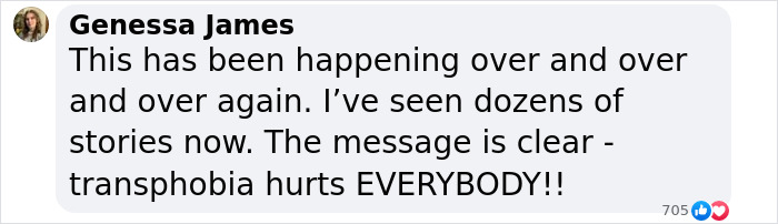 Comment by Genessa James addressing ongoing incidents of transphobia and its harmful impact on everyone. Comment by Genessa James addressing ongoing incidents of transphobia and its harmful impact on everyone.