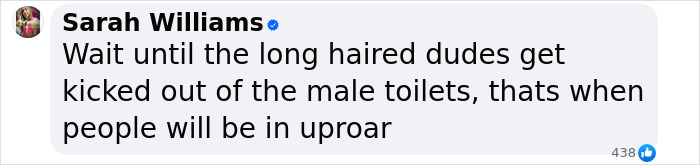 Comment from Sarah Williams on social media discussing female athlete forced out of women's restroom incident. Comment from Sarah Williams on social media discussing female athlete forced out of women's restroom incident.