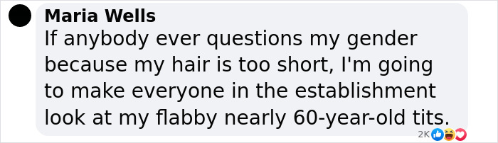 Screenshot of social media comment by Maria Wells discussing gender and appearance, related to female athlete restroom incident. Screenshot of social media comment by Maria Wells discussing gender and appearance, related to female athlete restroom incident.