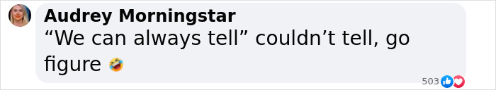 Facebook comment by Audrey Morningstar reacting with humor about being unable to tell gender in a restroom incident involving a female athlete. Facebook comment by Audrey Morningstar reacting with humor about being unable to tell gender in a restroom incident involving a female athlete.