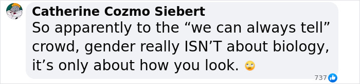 Comment criticizing ideas about gender perception, related to female athlete forced out of women's restroom. Comment criticizing ideas about gender perception, related to female athlete forced out of women's restroom.