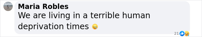 Screenshot of a Facebook comment by Maria Robles about living in terrible human deprivation times. Screenshot of a Facebook comment by Maria Robles about living in terrible human deprivation times.