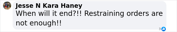 Comment from Jesse N Kara Haney expressing frustration about restraining orders not being enough in an online discussion about toddler found covered in blood. Comment from Jesse N Kara Haney expressing frustration about restraining orders not being enough in an online discussion about toddler found covered in blood.