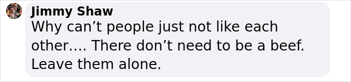 Comment from Jimmy Shaw expressing frustration about people not liking each other and advising to leave them alone. Comment from Jimmy Shaw expressing frustration about people not liking each other and advising to leave them alone.