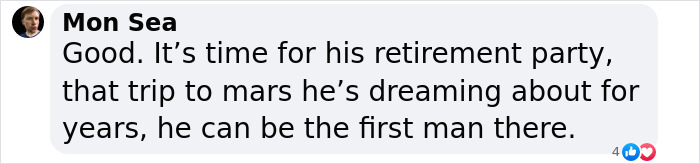 Comment about Elon Musk’s retirement and dream trip to Mars in a social media post discussing Tesla CEO search. Comment about Elon Musk’s retirement and dream trip to Mars in a social media post discussing Tesla CEO search.