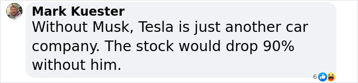Facebook comment by Mark Kuester discussing Tesla’s future and stock without Elon Musk amid CEO search. Facebook comment by Mark Kuester discussing Tesla’s future and stock without Elon Musk amid CEO search.