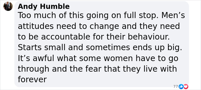 Comment highlighting the need to change men’s attitudes and accountability to address misogyny and gender-based violence. Comment highlighting the need to change men’s attitudes and accountability to address misogyny and gender-based violence.