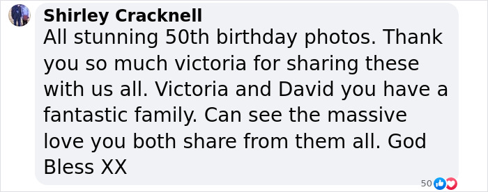 Comment praising David Beckham’s 50th birthday photos and family, shared by Victoria on social media. Comment praising David Beckham’s 50th birthday photos and family, shared by Victoria on social media.
